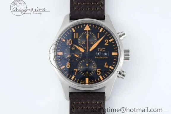 MIROTIME 0118 Pilot Chrono SS AZF 1:1 Best Edition Black Dial Orange Markers on Brown Leather Strap A EasyCare 7065